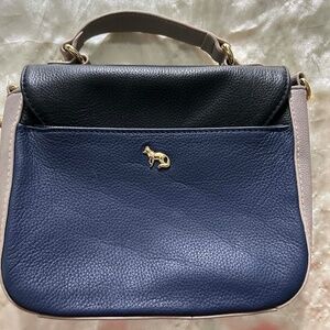 SATCHEL/CROSSBODY, EMMA FOX, LEATHER, BLACK NAVY BEIGE, HAS TOP HANDLE, REMOVABL